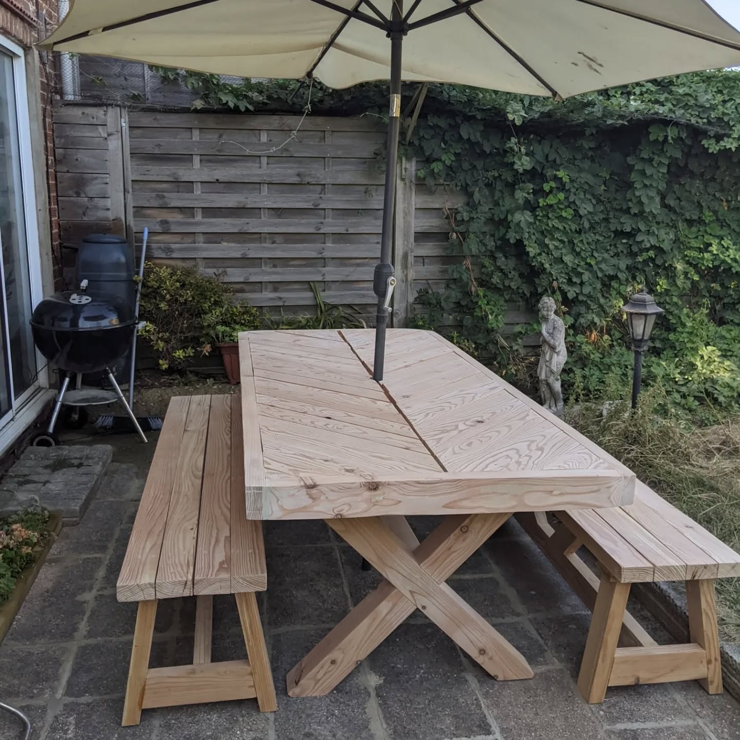 My Summer outdoor furniture projects. Larch supplied by the fine folks at Copford Sawmill. Table, benches, chair and smaller table.