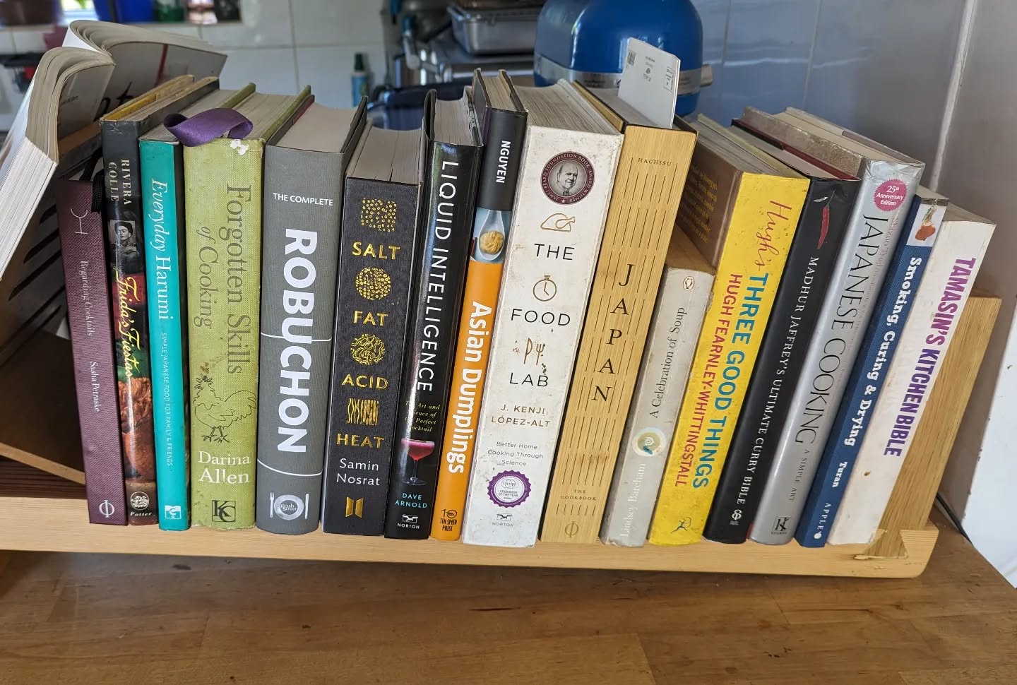 Inspired by The Bear's rather expansive cooking bookshelves, here's a pic of the one close to hand in my kitchen.