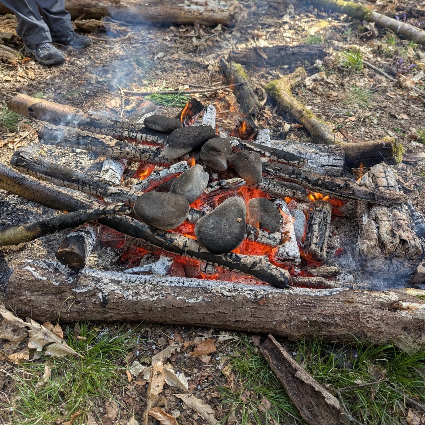 A lovely day out in the woods yesterday making a beer heated entirely with stones. This is I think the fifth time we've brewed in the woods. The first 3 or so times we were direct heating over the flames, only last time my friend suggested we try the old method of using stones. They work like a dream, no nasty soot or smoke to worry about, pretty good temp control. We didn't get up to a rolling boil, but got pretty close to it.